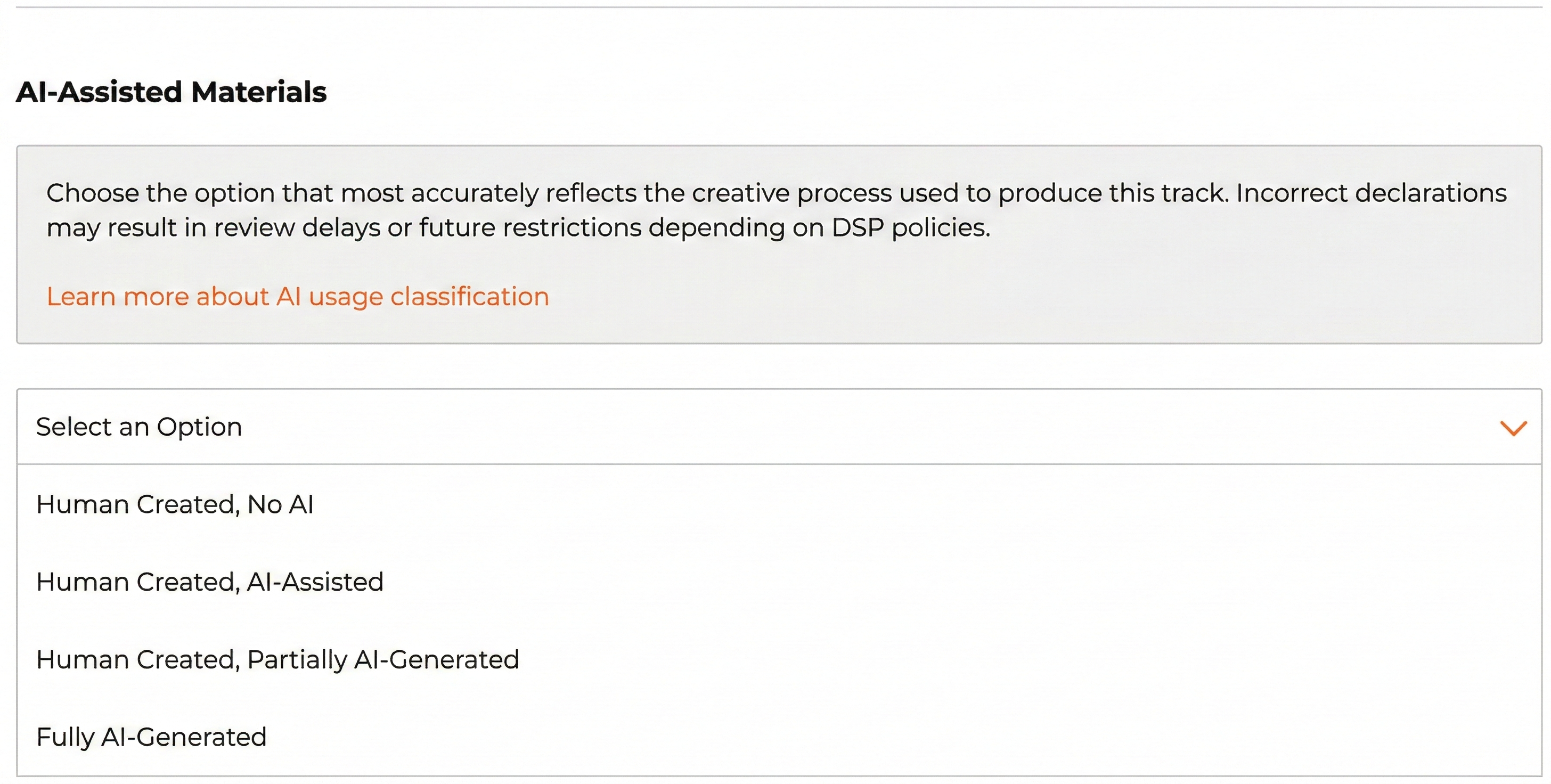 Captura de tela da interface de upload da ONErpm mostrando o menu de seleção "AI-Assisted Materials" com as quatro opções de classificação de IA.